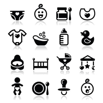 Modern black icons set with reflection - cute baby icons collection