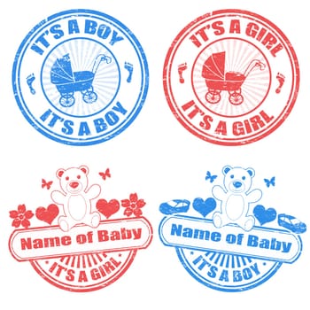 Set of grunge baby boy and baby girl rubber stamps, vector illustration