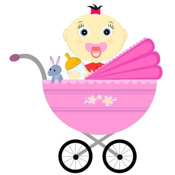 a little girl sits in a carriage and holds the bottle
