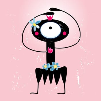 funny monster with flowers on a pink background textural