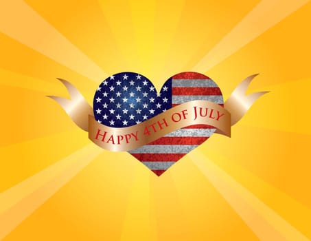 Fourth of July USA Flag in Heart Shape with Texture and Scroll with Happy 4th of July Text and Sun Rays Background Illustration