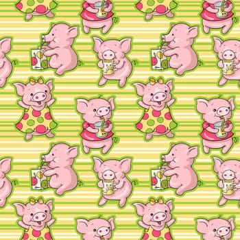 Seamless pattern - funny cartoon  pigs