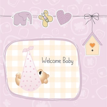baby shower card with teddy bear toy, vector illustration