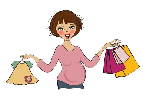 happy pregnant woman at shopping, isolated on white background, vector illustration