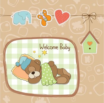 baby shower card with teddy bear toy, vector illustration