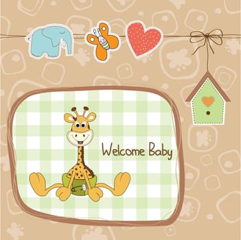 baby shower card with baby giraffe, vector illustration