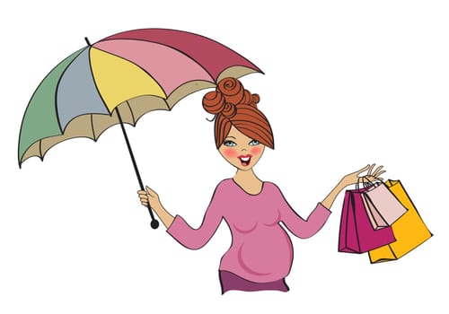 happy pregnant woman at shopping, isolated on white background, vector illustration