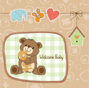 baby shower card with teddy bear toy, vector illustration