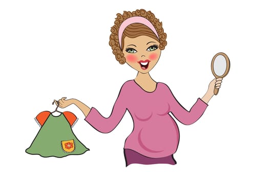 happy pregnant woman at shopping, isolated on white background, vector illustration
