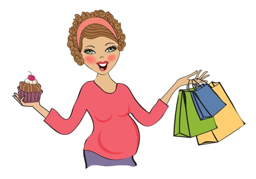 happy pregnant woman at shopping, isolated on white background, vector illustration