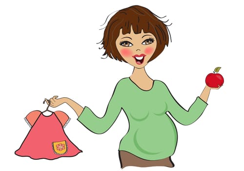 happy pregnant woman at shopping, isolated on white background, vector illustration