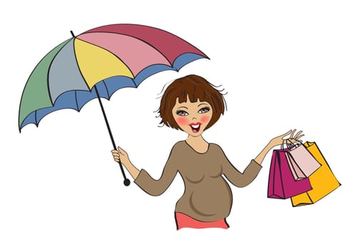 happy pregnant woman at shopping, isolated on white background, vector illustration
