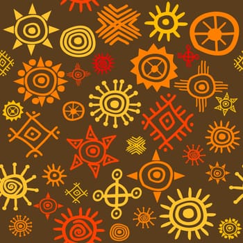 Ethnic motifs and sun symbols seamless pattern