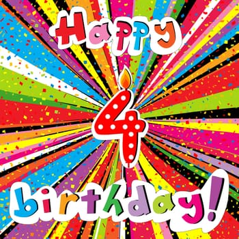 Happy Birthday greeting card with number 4 candle and confetti on a colorful sunburst background