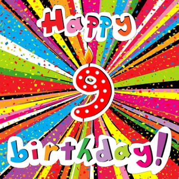 Happy Birthday greeting card with number 9 candle and confetti on a colorful sunburst background