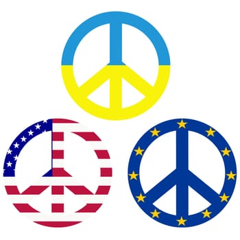 Peace symbols with flags of Ukraine, USA and European Union Stay with Ukraine concept