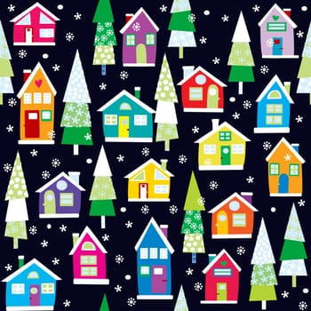 Winter background with cartoon colored houses