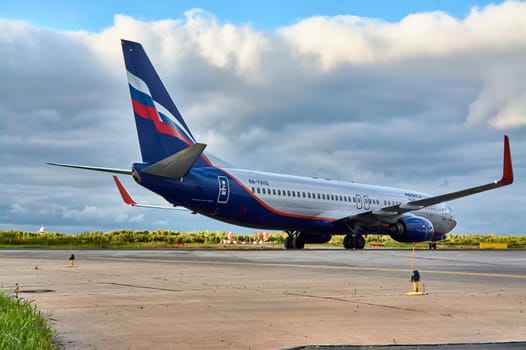 The Boeing aircraft is taxiing along the runway. Talagi Airport, Arkhangelsk, Russia, 27,08,2022. High quality photo