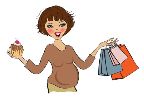 happy pregnant woman at shopping, isolated on white background, vector illustration