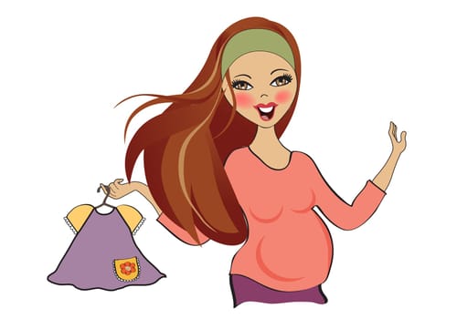 happy pregnant woman at shopping, isolated on white background, vector illustration