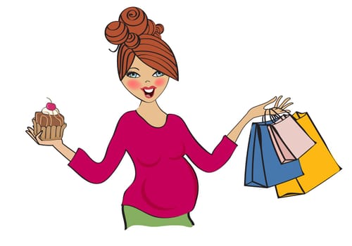 happy pregnant woman at shopping, isolated on white background, vector illustration