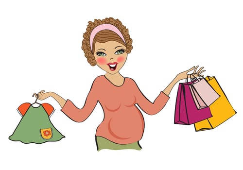happy pregnant woman at shopping, isolated on white background, vector illustration