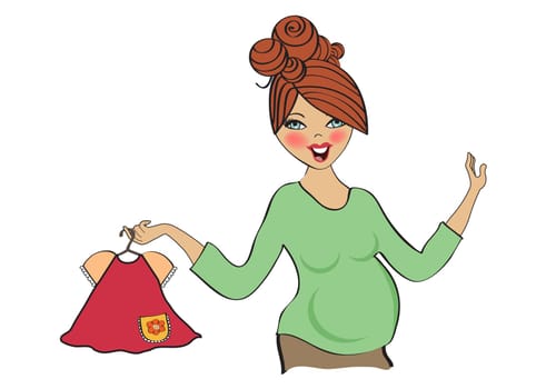 happy pregnant woman at shopping, isolated on white background, vector illustration