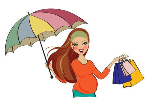happy pregnant woman at shopping, isolated on white background, vector illustration