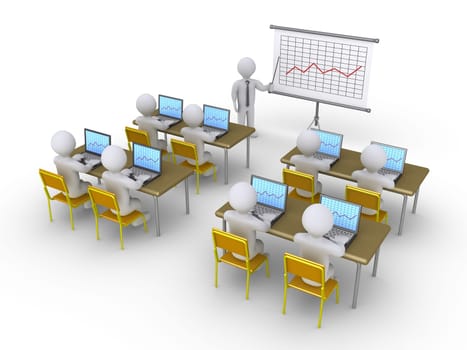 Businessman is presenting a graphic chart as a seminar to students with laptops