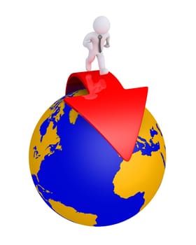 Businessman is running on arrow around the globe
