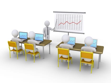 Businessman as a teacher is presenting a graphic chart to students with laptops