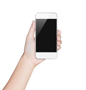 closeup hand hold smartphone white mobile clipping path inside