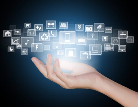 hand with application button future technology
