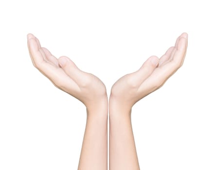 close up hand receive white isolated clipping path inside