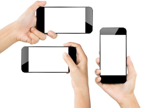 closeup hand hold smartphone white isolated