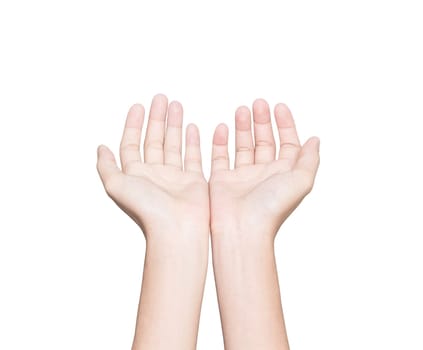 closeup hand receive isolated white clipping path inside