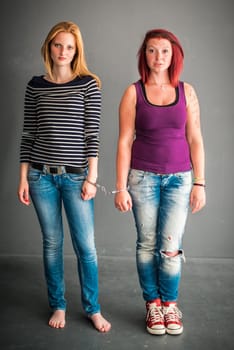 Two angry women connected by a pair of handcuffs, blond and red-haired, wearing jeans, barefoot and red chucks on grey background