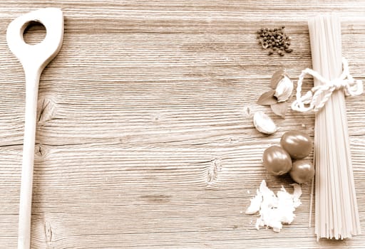 Pasta wood background table empty cooking spoon