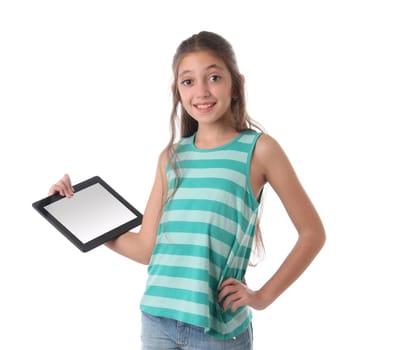 Beautiful pre-teen girl with a tablet computer. Isolated. Clipping path for the screen