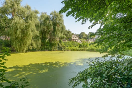 Abandoned building in ukrainian forest with garden and lake