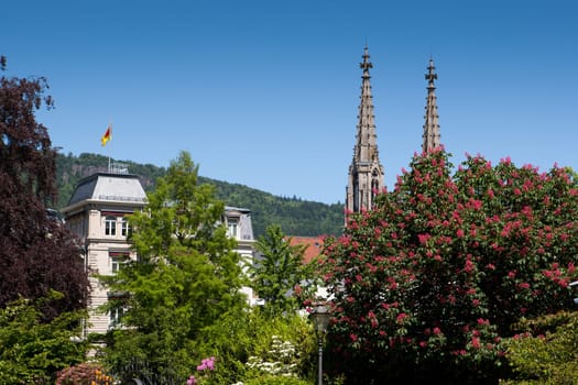 Baden-Baden with tower spires of the town church and hotel in spring