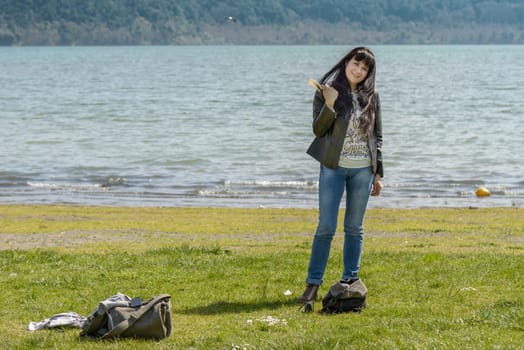 Portrait of a girl at castel Gandolfo Lake, a little town near Rome Italy