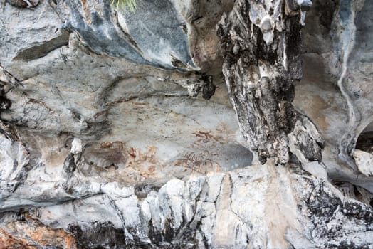 Ancient paintings on cave wall of the island is tourist attractions in Phang Nga Bay or Ao Phang Nga National Park, Thailand