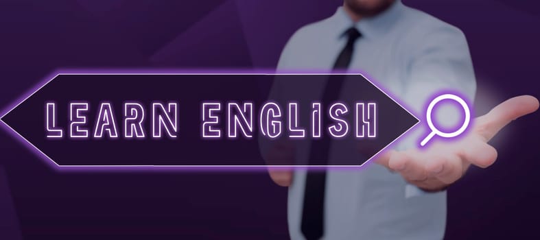 Text caption presenting Learn English, Business overview Universal Language Easy Communication and Understand