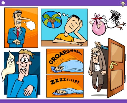 Illustration Set of Humorous Cartoon Concepts or Ideas and Metaphors with Funny Characters