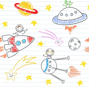 Seamless background with happy children's and aliens. Sketch on notebook page