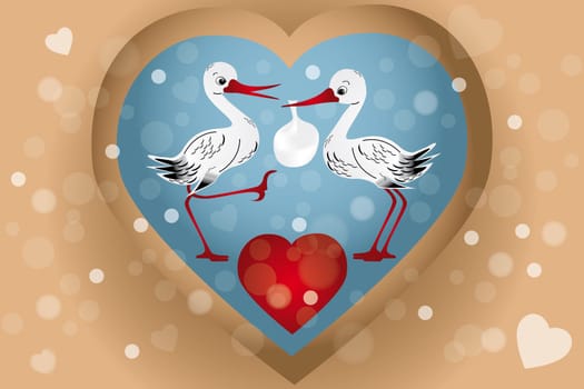 Two cute storks with bag (baby arrival) illustration with hearts, bubbles in retro look - eps 10 vectors