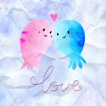 funny little love jellyfish on watercolor background..