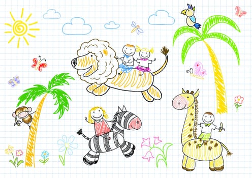 Happy children's and animals. Sketch on notebook page