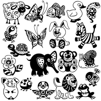set with cartoon animals and toys for babies and little kids, black and white vector images